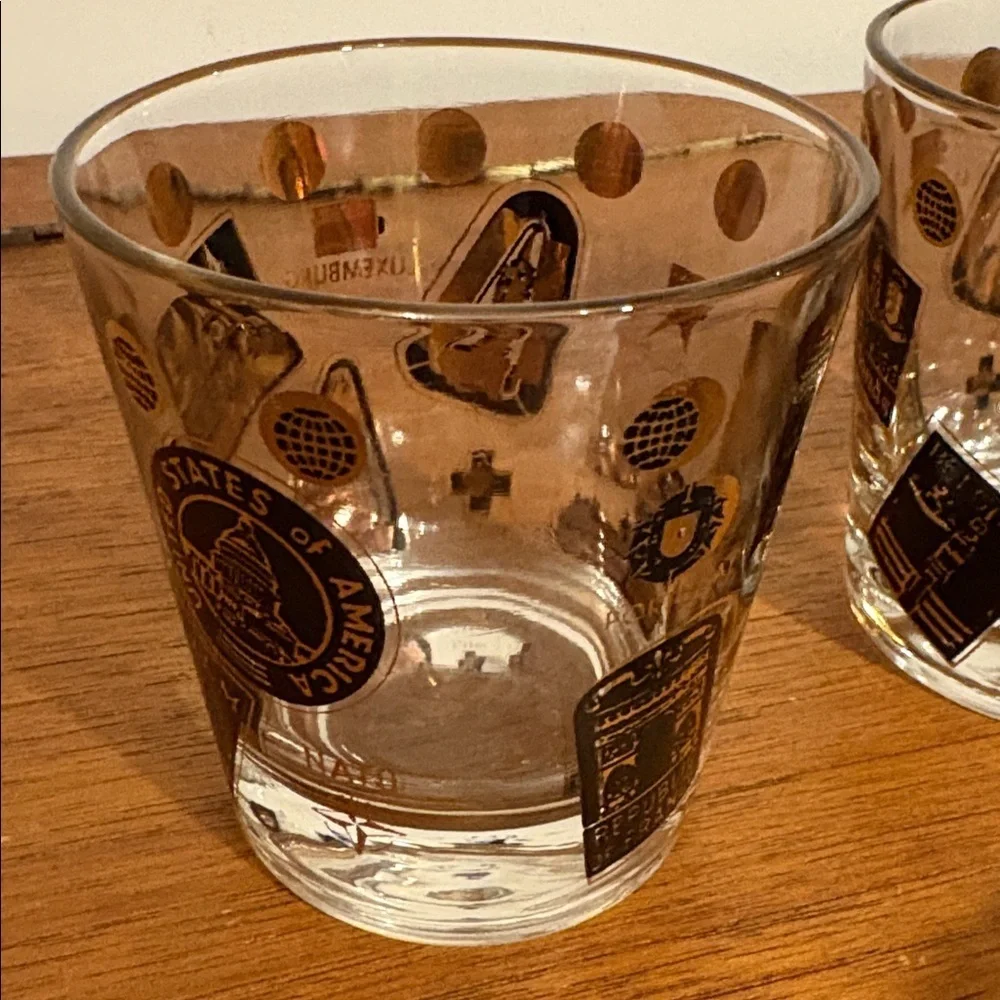 2 NATO Gold & Black Postage Stamp Design Rocks Glasses USA Italy Canada Norway